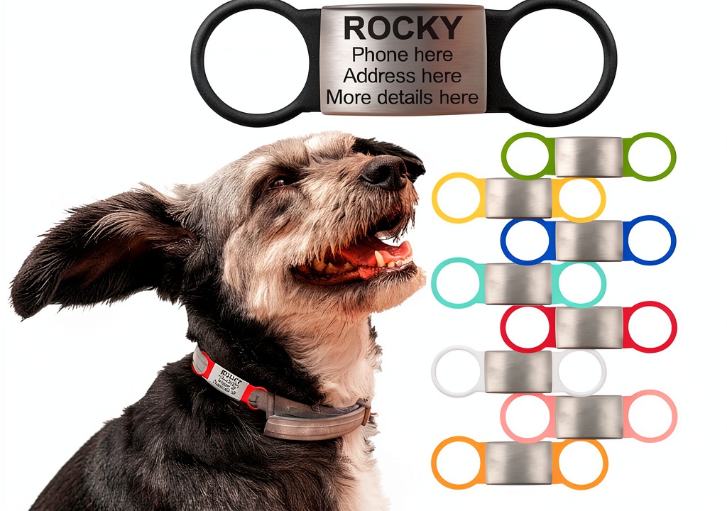 Mc-Supply Dog ID Tag attached to a collar showing laser-engraved details