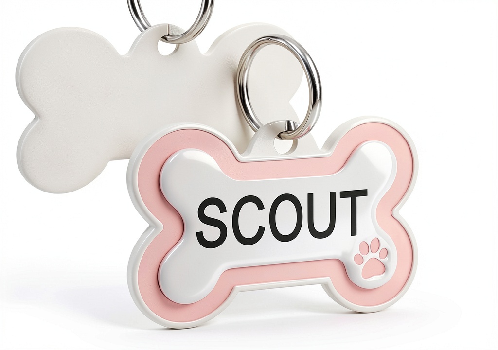 Stainless steel dog ID tag on a collar showing laser engraving