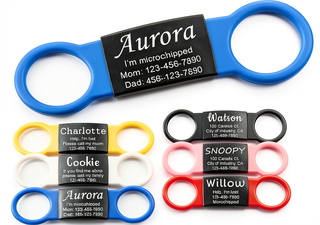 Anavia Silent Pet ID Tag attached to a dog collar showing personalized engraving