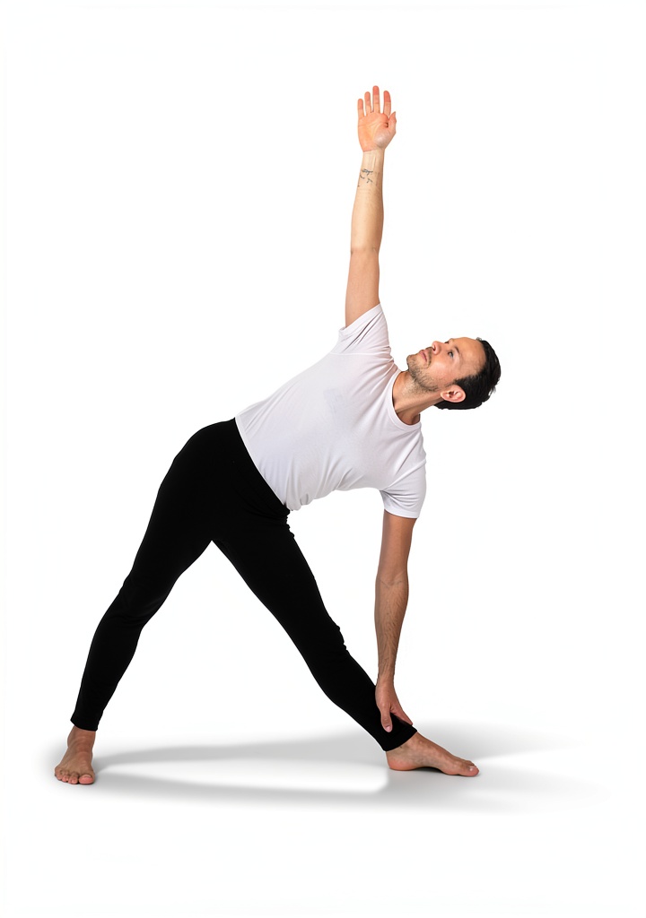 Person practicing yoga in a small living room using the illustrated guide